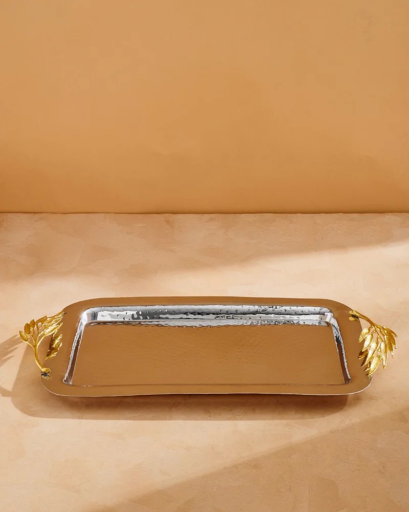 REDTAG Silver Hammered Rectangle Tray With Brass Decoration