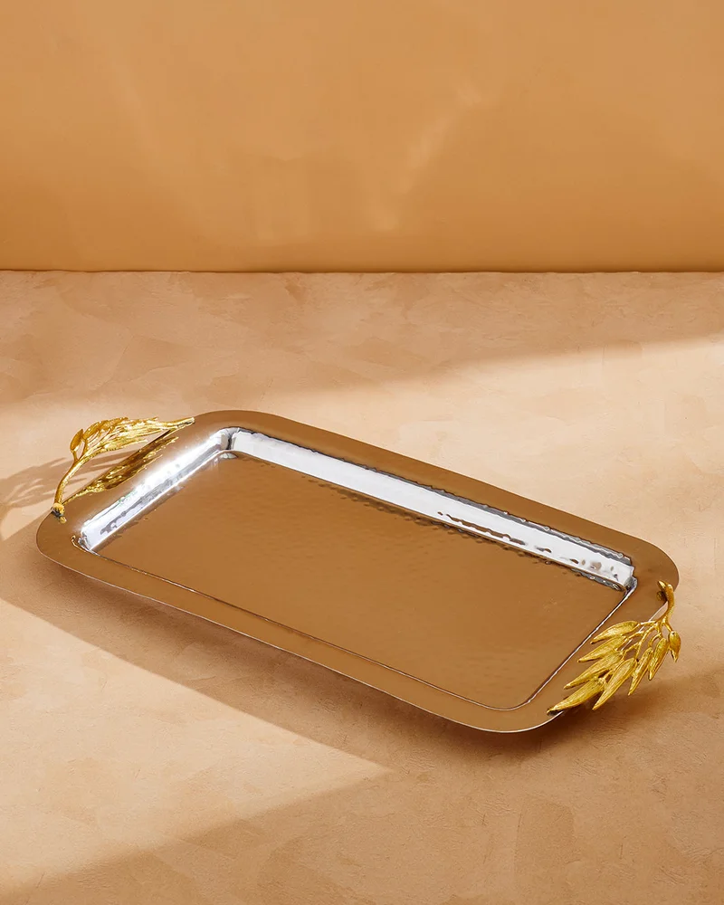 REDTAG Silver Hammered Rectangle Tray With Brass Decoration