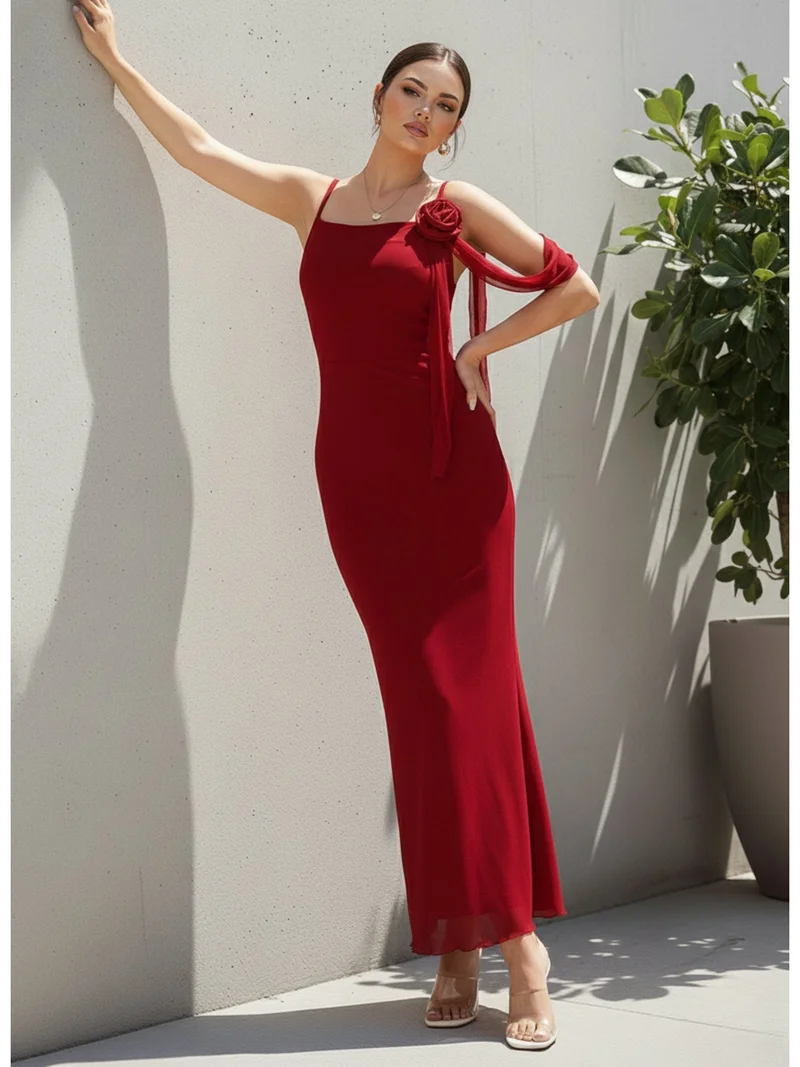 Outzidr  Red Spaghetti Strap Flower Detail Dress for Women | Best Price UAE