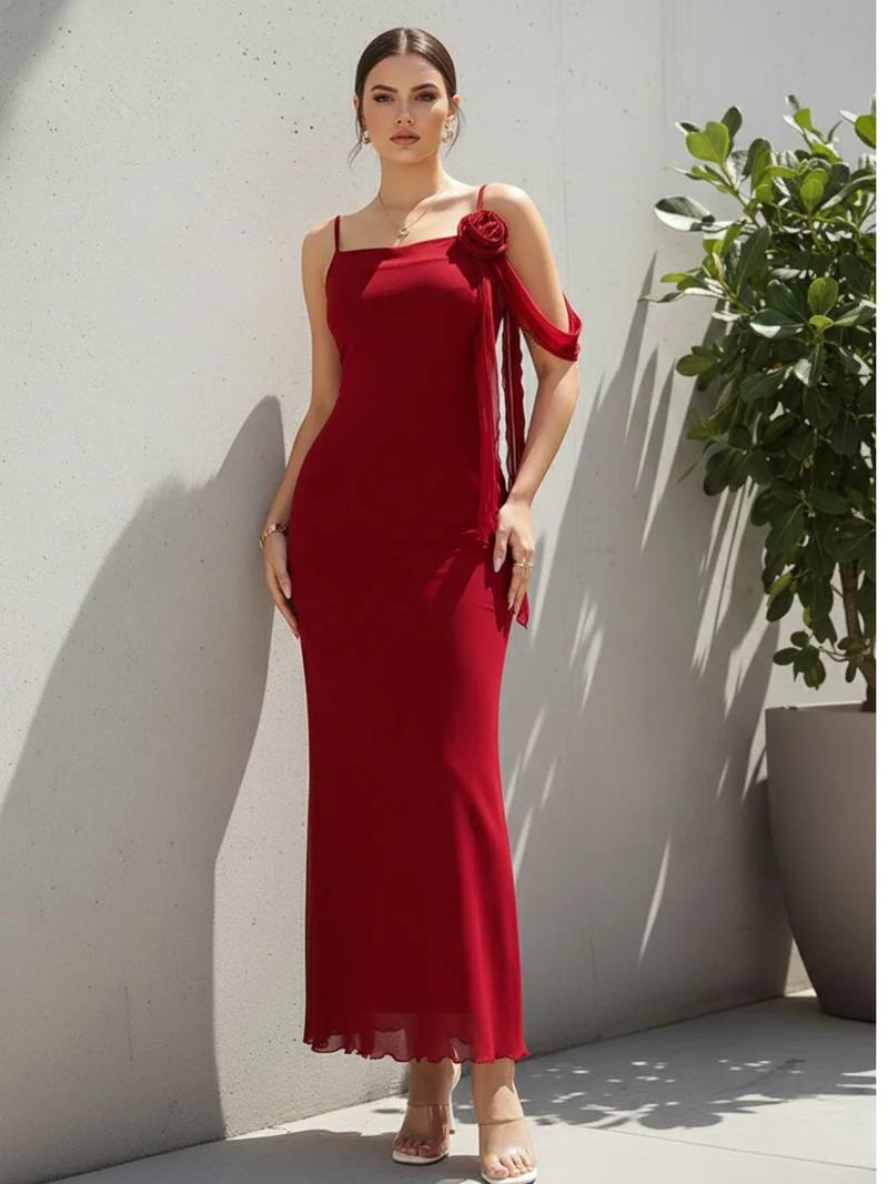 Red Spaghetti Strap Flower Detail Dress