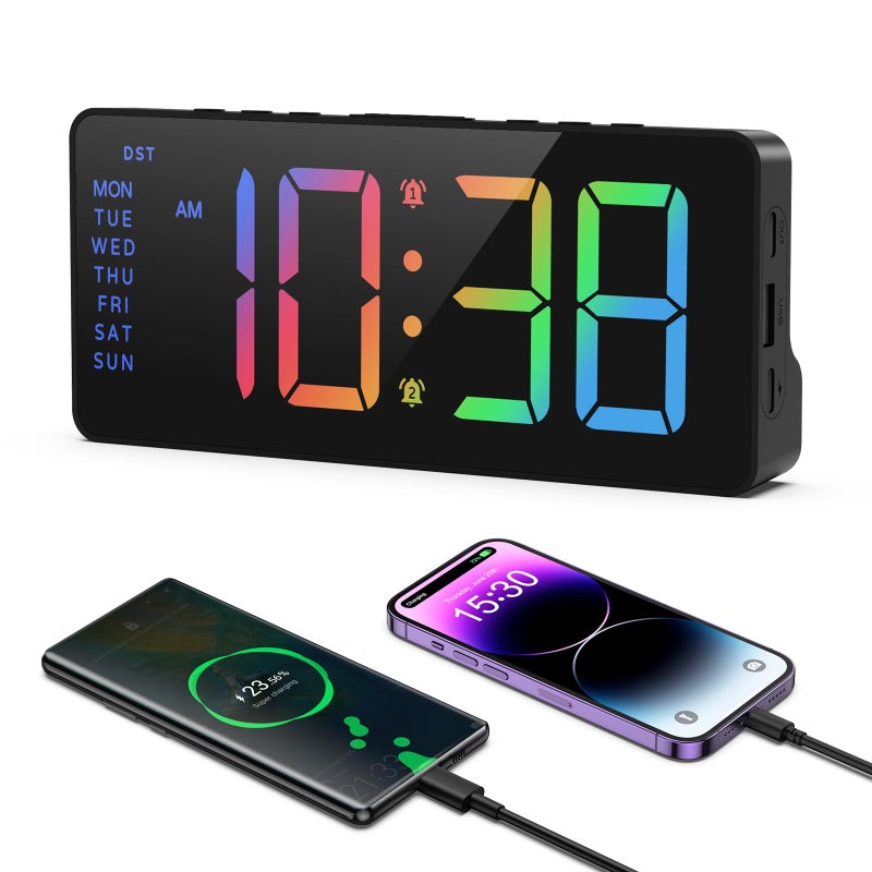 AMIR Colorful LED Alarm Clocks for Bedroom, 2 Alarms with Large Display, USB Powered Beside Clock with Date, 12/24H, Adjustable Volume, Dimmable, Snooze, DST, Alarm Clock for Heavy Sleepers - Image 1