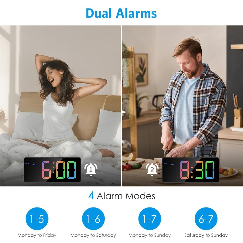 AMIR Colorful LED Alarm Clocks for Bedroom, 2 Alarms with Large Display, USB Powered Beside Clock with Date, 12/24H, Adjustable Volume, Dimmable, Snooze, DST, Alarm Clock for Heavy Sleepers - Image 5