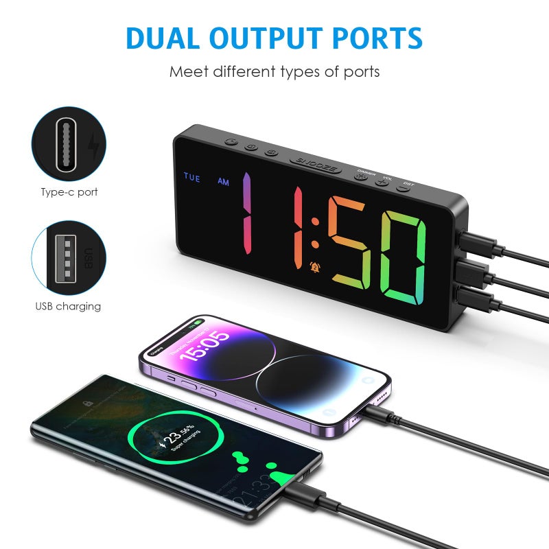 AMIR Colorful LED Alarm Clocks for Bedroom, 2 Alarms with Large Display, USB Powered Beside Clock with Date, 12/24H, Adjustable Volume, Dimmable, Snooze, DST, Alarm Clock for Heavy Sleepers - Image 3