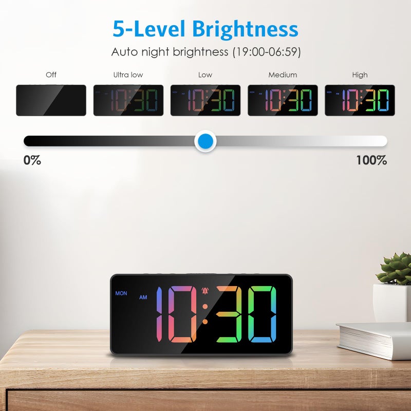 AMIR Colorful LED Alarm Clocks for Bedroom, 2 Alarms with Large Display, USB Powered Beside Clock with Date, 12/24H, Adjustable Volume, Dimmable, Snooze, DST, Alarm Clock for Heavy Sleepers - Image 4