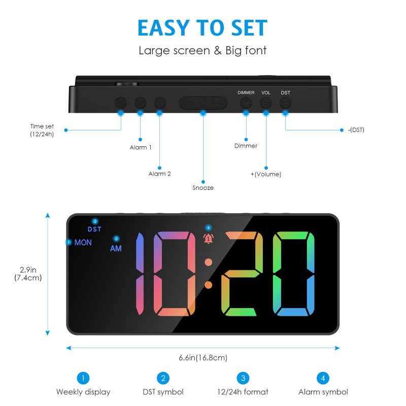 AMIR Colorful LED Alarm Clocks for Bedroom, 2 Alarms with Large Display, USB Powered Beside Clock with Date, 12/24H, Adjustable Volume, Dimmable, Snooze, DST, Alarm Clock for Heavy Sleepers - Image 2