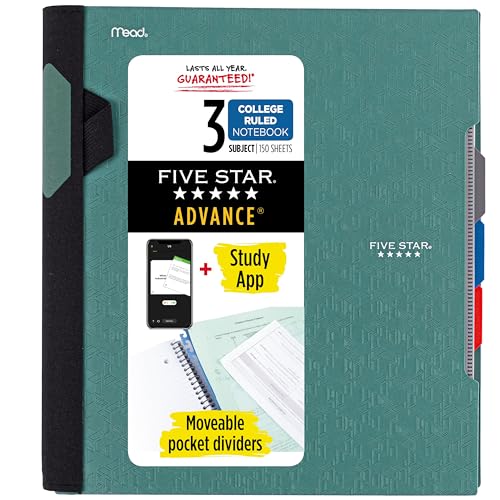 Five Star دفتر ملاحظات دوار من فايف ستار + تطبيق دراسة، 3 مواد، ورق مقاس كليه، 8-1/2" × 11"، 150 ورقة، واقي دوار، فواصل قابلة للتحريك، أخضر زجاجي (73136) - Image 1