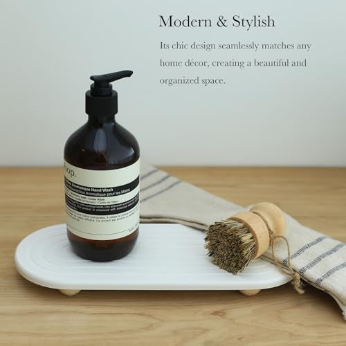 RIOMZY Instant Dry Sink Caddy Organizer – Water Absorbing Stone Tray for Kitchen Bathroom Countertop, Fast Drying Sink Caddy (with Wooden Feet and Natural Loofah, White) - Image 2