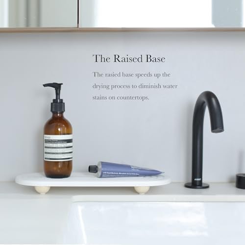 RIOMZY Instant Dry Sink Caddy Organizer – Water Absorbing Stone Tray for Kitchen Bathroom Countertop, Fast Drying Sink Caddy (with Wooden Feet and Natural Loofah, White) - Image 4