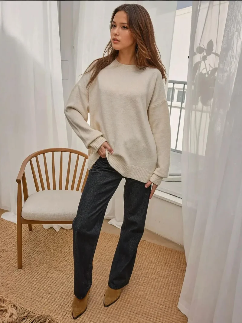 Hiccup Ivory Natural Cozy Crew Neck Knit Sweater for Women | Best Price UAE