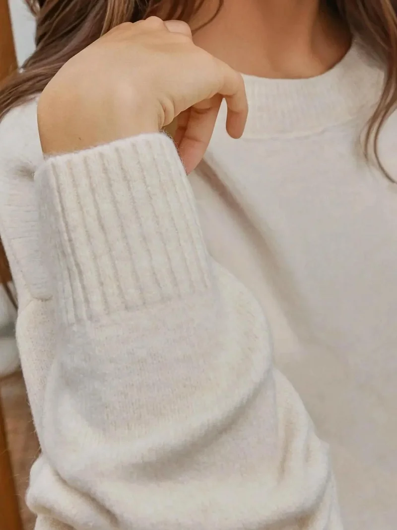 Hiccup Ivory Natural Cozy Crew Neck Knit Sweater for Women | Best Price UAE