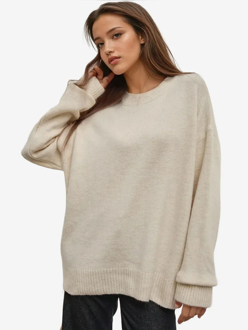 Hiccup Ivory Natural Cozy Crew Neck Knit Sweater for Women | Best Price UAE