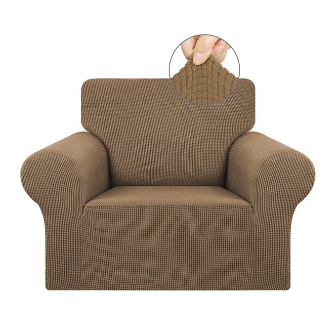 STRETCH SINGLE SOFA SLIPCOVER 1 PIECE COUCH SOFA COVER 3255 FURNITURE PROTECTOR 1 SEATER SOFA WITH ELASTIC BOTTOM FOR KIDSPETJACQUARD SMALL CHECKED PATTERN FABRICSMALLCAMEL