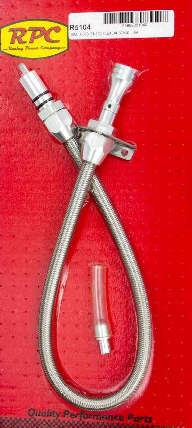 Racing Power Transmission Dipstick, Firewall Mount, Flexible, Braided Stainless/Aluminum, Natural, TH350 / TH400, Each - Image 2