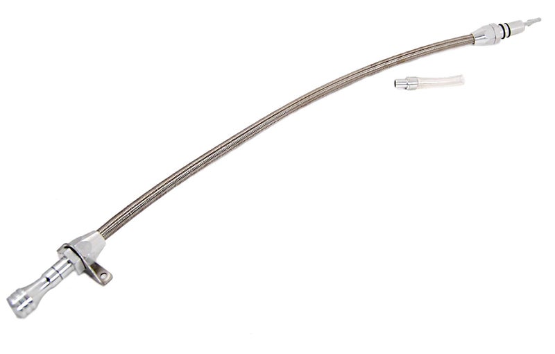 Racing Power Transmission Dipstick, Firewall Mount, Flexible, Braided Stainless/Aluminum, Natural, TH350 / TH400, Each - Image 3