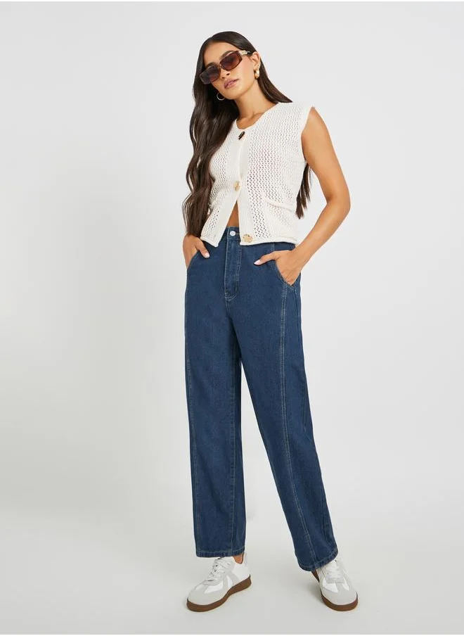 Styli Styli Mid Rise Cut and Sew Detail Barrel Fit Jeans with Wide Belt Loops