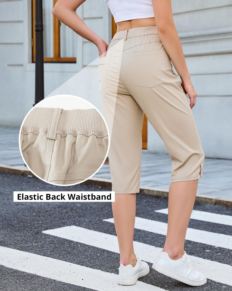 GRAPENT Capri Pants Women Twill Stretch Capri Pants for Women Ladies Casual Capris with Elastic Waist Womens Lightweight Travel Outfit for Beach Vacation Light Khaki Size 12 to 14 - Image 4