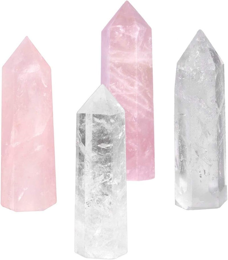SUNYIK SUNYIK Gemstone Healing Crystal Points Wand, Single Terminated Wand Prism for Meditation, Rock Quartz Rose Quartz, Pack of 4 