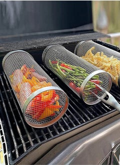 Haidue 1PCS BBQ Basket Stainless Steel Rolling Grilling Basket Wire Mesh Cylinder Grill Basket Portable Round Outdoor Camping Barbecue Rack  - Image 2