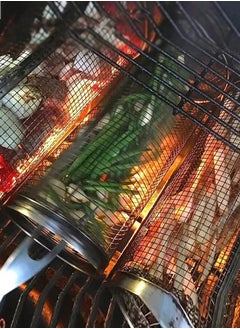 Haidue 1PCS BBQ Basket Stainless Steel Rolling Grilling Basket Wire Mesh Cylinder Grill Basket Portable Round Outdoor Camping Barbecue Rack  - Image 4