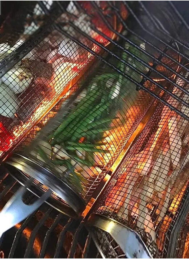هايدو 1PCS BBQ سلة شواء من الفولاذ المقاوم للصدأ سلك شبكة اسطوانة شواء سلة شواء مستديرة منقولة حامل شواء خارجي  - Image 4