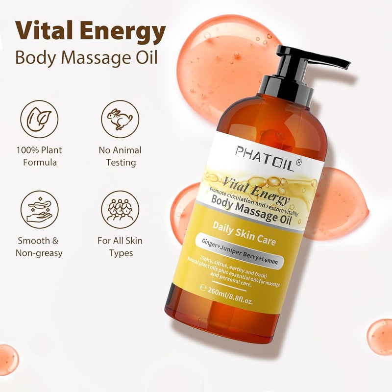 PHATOIL زيت الزنجبيل زيت تدليك الجسم بالزنجبيل لجوا شا مع زيت الليمون والتوت العرعر 260 مل زجاجة كبيرة زيت دافئ للجسم لسبا تصريف اللمف العضلي 88 أونصة - Image 2