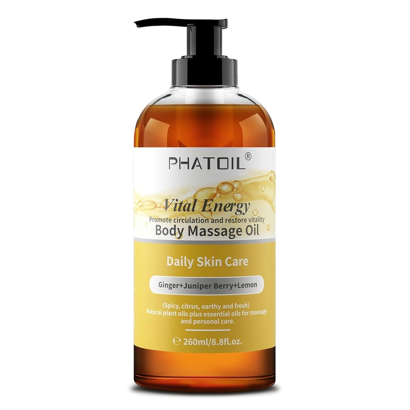 PHATOIL زيت الزنجبيل زيت تدليك الجسم بالزنجبيل لجوا شا مع زيت الليمون والتوت العرعر 260 مل زجاجة كبيرة زيت دافئ للجسم لسبا تصريف اللمف العضلي 88 أونصة - Image 1