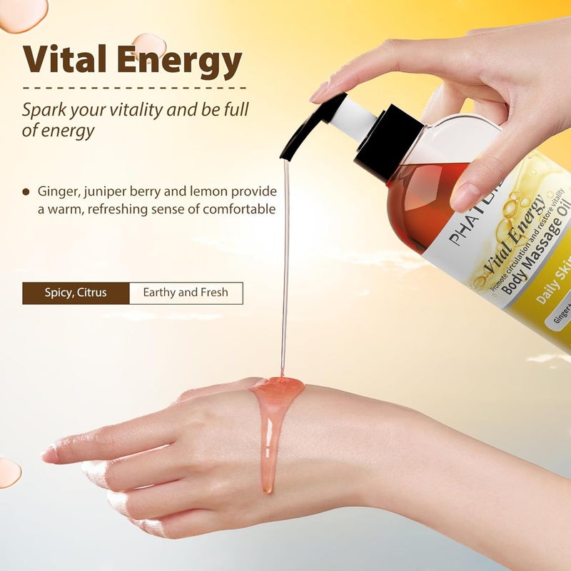 PHATOIL زيت الزنجبيل زيت تدليك الجسم بالزنجبيل لجوا شا مع زيت الليمون والتوت العرعر 260 مل زجاجة كبيرة زيت دافئ للجسم لسبا تصريف اللمف العضلي 88 أونصة - Image 3