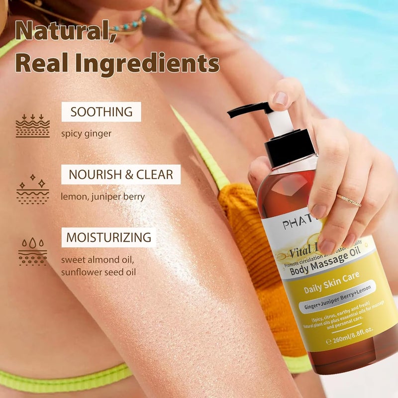 PHATOIL زيت الزنجبيل زيت تدليك الجسم بالزنجبيل لجوا شا مع زيت الليمون والتوت العرعر 260 مل زجاجة كبيرة زيت دافئ للجسم لسبا تصريف اللمف العضلي 88 أونصة - Image 4