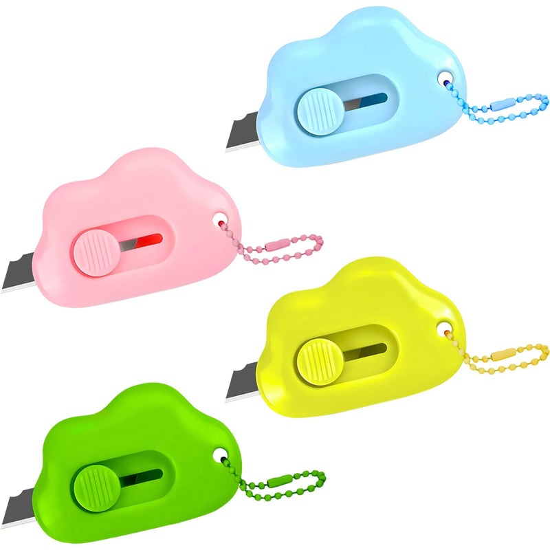 Muclip Cloud Retractable Box Cutter 4 Pack - With Key Rings,Safe Auto-Retract Design,Mini Paper Cutter for Box,Packages,Mail,Envelopes,Portable Keychain Letter Opener for Home,Office,Travel - Image 1