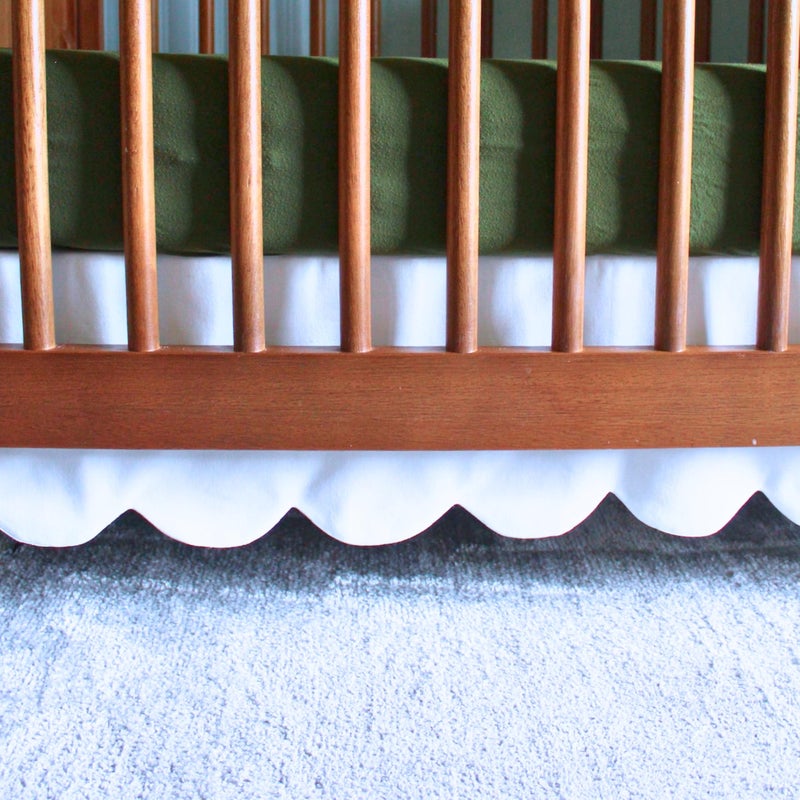 Oscar Bee White Scalloped Crib Skirt Ruffle (Front/Two Sides) Adjustable Linen Cotton Blend, Neutral Baby Bedding for Boys and Girls, Elegant Nursery Decor Skirt - Image 1