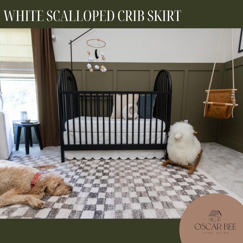 Oscar Bee White Scalloped Crib Skirt Ruffle (Front/Two Sides) Adjustable Linen Cotton Blend, Neutral Baby Bedding for Boys and Girls, Elegant Nursery Decor Skirt - Image 4