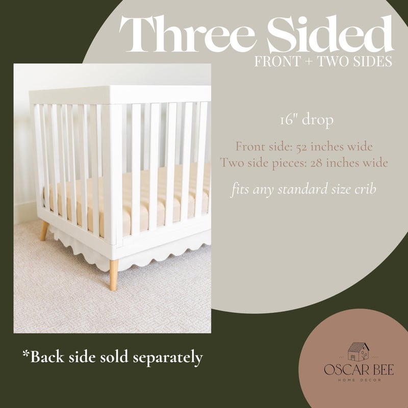 Oscar Bee White Scalloped Crib Skirt Ruffle (Front/Two Sides) Adjustable Linen Cotton Blend, Neutral Baby Bedding for Boys and Girls, Elegant Nursery Decor Skirt - Image 2