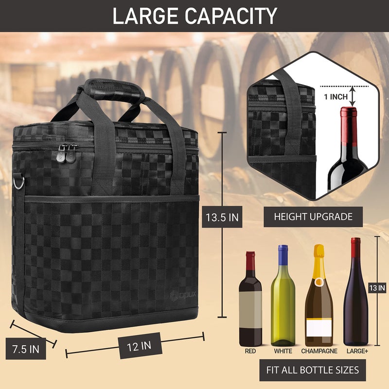 opux 6 Bottle Carrier Tote | Insulated Padded Wine Cooler Bag for Travel. Picnic, BYOB | Portable Leakproof Wine Tote Bag for Dinner, Party, Christmas, Wine Gift for Women, Men (Black Square) - Image 3