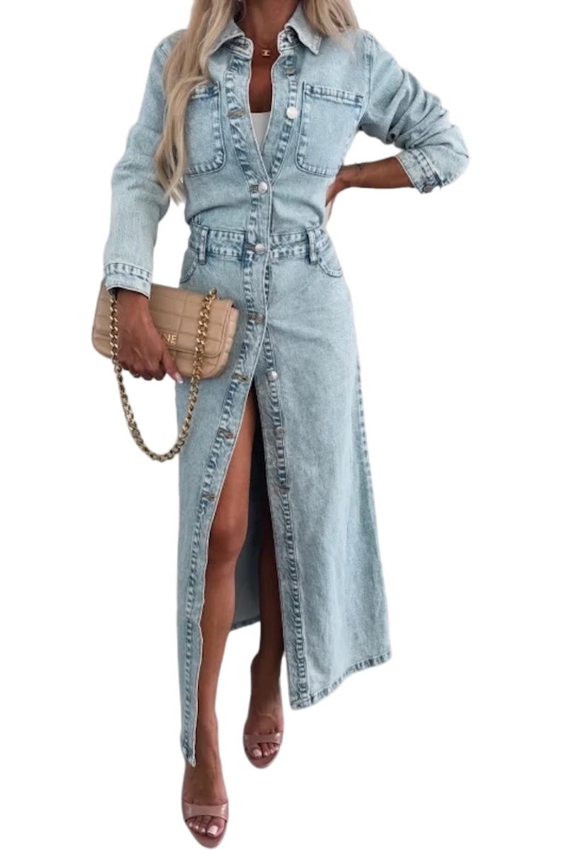 yoeasy Womens Button Down Denim Dress Fall Trendy Long Sleeve Bodycon Denim Maxi Dress Casual A Line Jean Dress (Medium, Light Blue) - Image 1