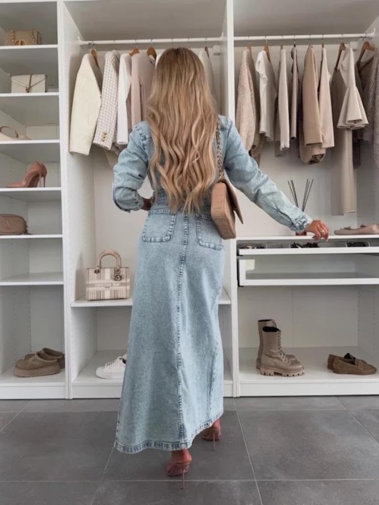 yoeasy Womens Button Down Denim Dress Fall Trendy Long Sleeve Bodycon Denim Maxi Dress Casual A Line Jean Dress (Medium, Light Blue) - Image 3