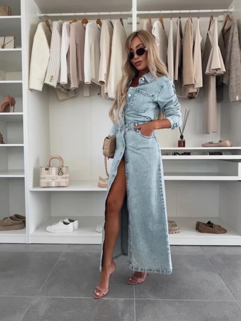 yoeasy Womens Button Down Denim Dress Fall Trendy Long Sleeve Bodycon Denim Maxi Dress Casual A Line Jean Dress (Medium, Light Blue) - Image 2