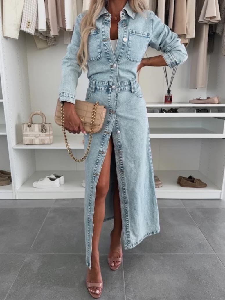 yoeasy Womens Button Down Denim Dress Fall Trendy Long Sleeve Bodycon Denim Maxi Dress Casual A Line Jean Dress (Medium, Light Blue) - Image 4