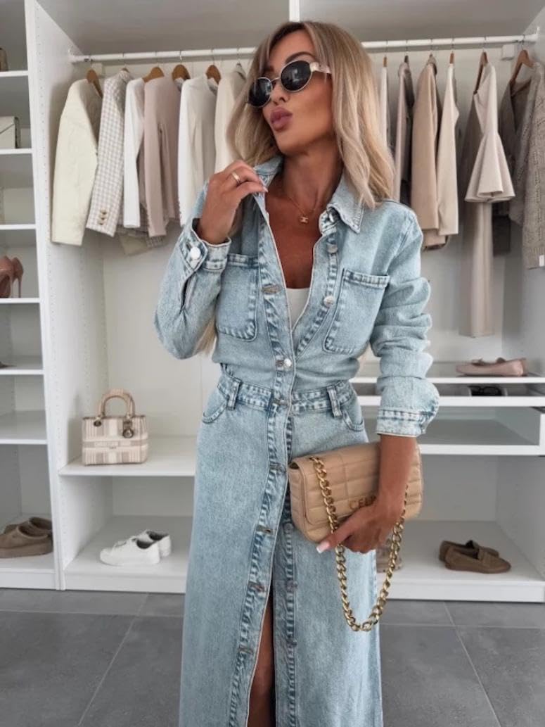 yoeasy Womens Button Down Denim Dress Fall Trendy Long Sleeve Bodycon Denim Maxi Dress Casual A Line Jean Dress (Medium, Light Blue) - Image 5