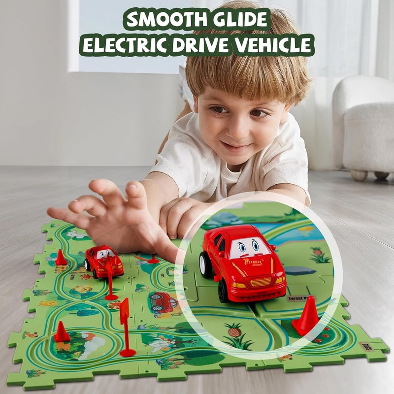 كلاراكو مجموعة ألعاب سيارات تعليمية للأطفال مكونة من 25 قطعة، عربة كهربائية قابلة للتجميع بنفسك، ألعاب بناء عربات السكك الحديدية للأطفال، مسار ألغاز للعب مع المركبات، مسارات سيارات ألغاز للأطفال - سلسلة غابة الحيوانات - Image 2