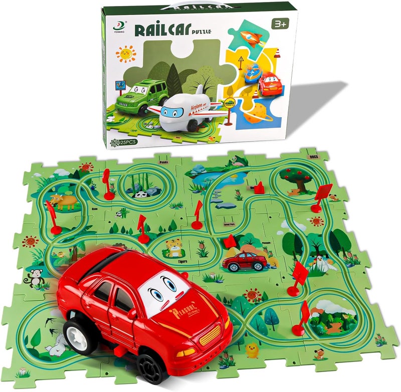 كلاراكو مجموعة ألعاب سيارات تعليمية للأطفال مكونة من 25 قطعة، عربة كهربائية قابلة للتجميع بنفسك، ألعاب بناء عربات السكك الحديدية للأطفال، مسار ألغاز للعب مع المركبات، مسارات سيارات ألغاز للأطفال - سلسلة غابة الحيوانات - Image 1