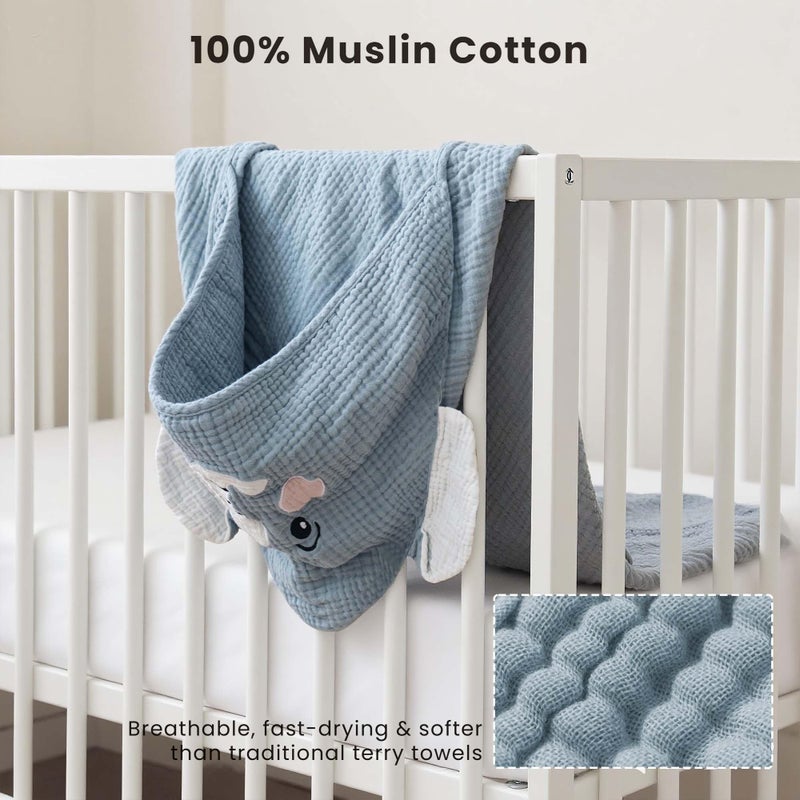 Konssy 2-Pack Muslin Baby Hooded Towels, 100% Cotton, Soft and Absorbent Baby Bath Towels for Newborn, Infant & Toddler with Animal Hooded Design(Elephant & Bear) - Image 3