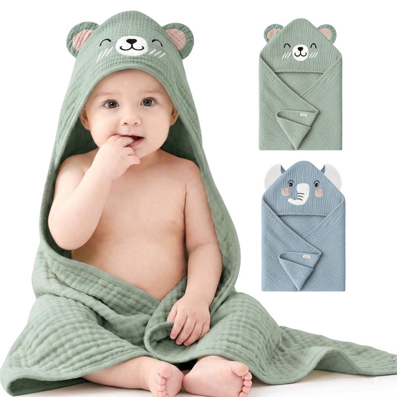 Konssy 2-Pack Muslin Baby Hooded Towels, 100% Cotton, Soft and Absorbent Baby Bath Towels for Newborn, Infant & Toddler with Animal Hooded Design(Elephant & Bear) - Image 1