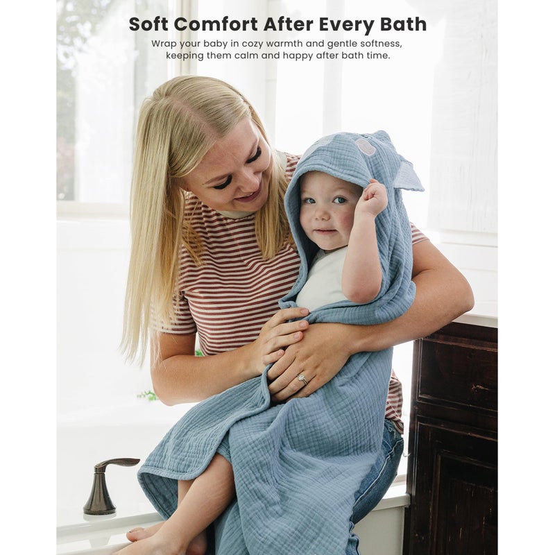 Konssy 2-Pack Muslin Baby Hooded Towels, 100% Cotton, Soft and Absorbent Baby Bath Towels for Newborn, Infant & Toddler with Animal Hooded Design(Elephant & Bear) - Image 2