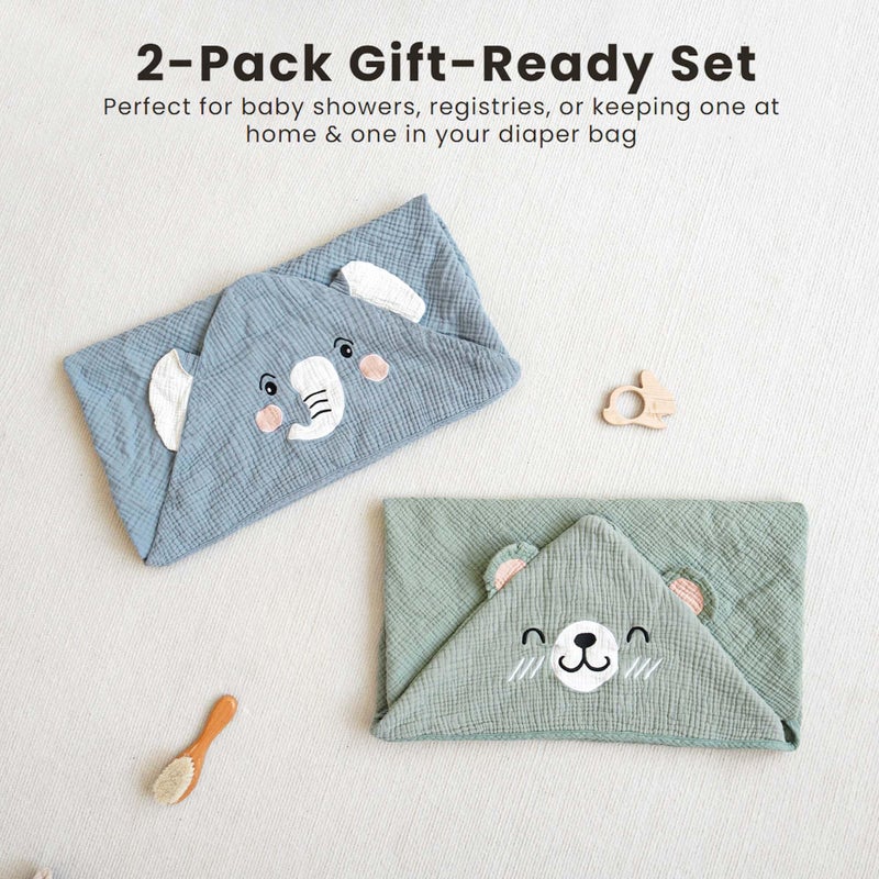 Konssy 2-Pack Muslin Baby Hooded Towels, 100% Cotton, Soft and Absorbent Baby Bath Towels for Newborn, Infant & Toddler with Animal Hooded Design(Elephant & Bear) - Image 5
