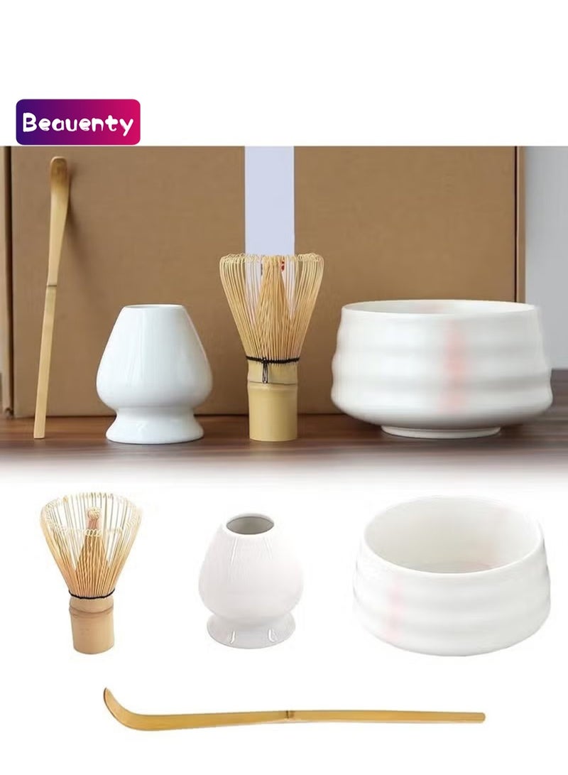 بيوينتي مجموعة شاي ماتشا من 4 قطع - طقم خفاقة ماتشا وعاء سيراميك لماتشا مع خفاقة، حامل خفاقة أبيض، مغرفة تقليدية - طقم متكامل لأدوات تحضير ماتشا التقليدية (باللونين الوردي والأبيض) - Image 1