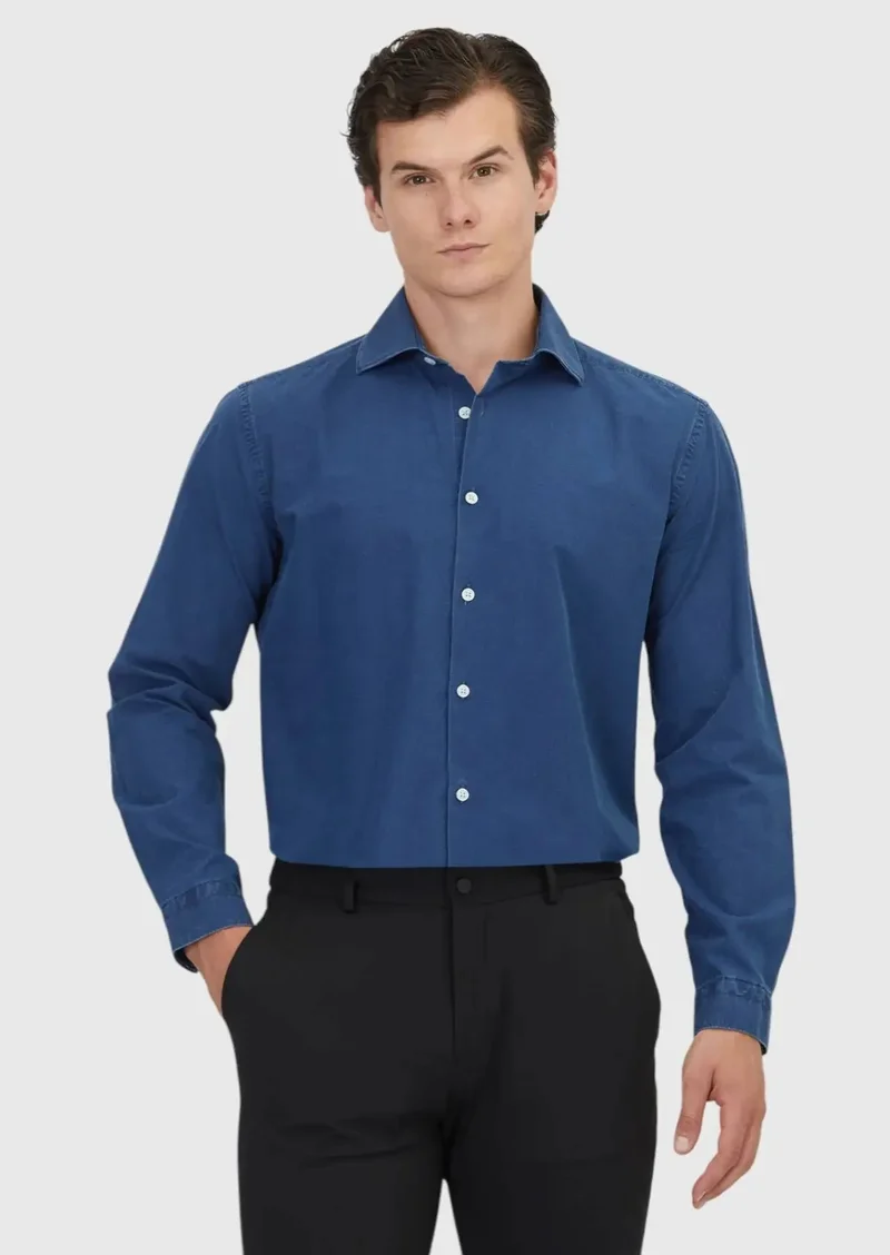 RAMSEY Light Indigo Plain Casual Fit Weaving Casual 100% Cotton Shirt