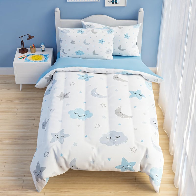 SANDJEST Star and Moon Comforter Set Twin Size 68x86in for Kids Boys Girls Unisex, Microfiber 3 Pcs Bedding Set Includes 1 Comforter, 1 Pillowcase, 1 Fitted Sheet, Nursery Room Decor - Image 1
