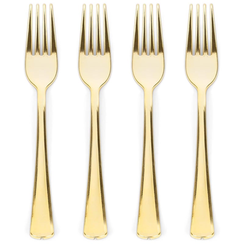 Prestee 100 Count Plastic Forks 7 Heavy Duty Gold Plastic Silverware Utensils Elegant Disposable Gold Forks for Weddings Parties and Holidays Fancy Flatware Set for Events and Catering