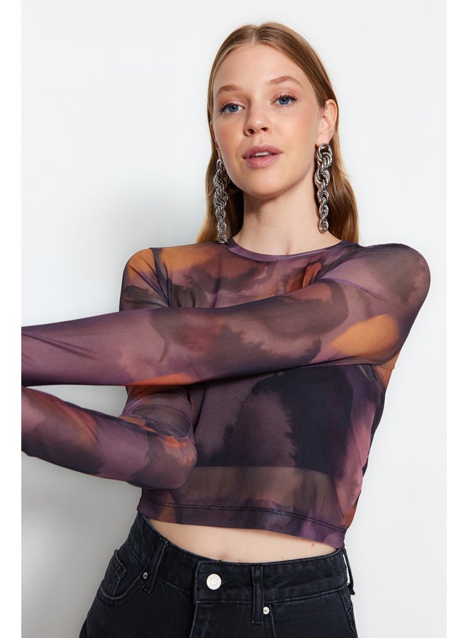 trendyol Black Printed Tulle Fitted/Simple Crop, Stretchy Knit Blouse TWOAW24BZ00030  - Image 1