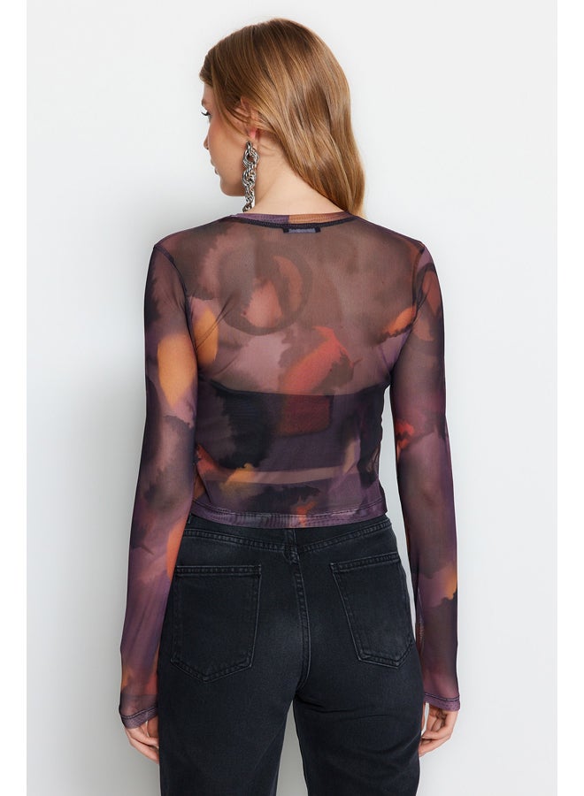 trendyol Black Printed Tulle Fitted/Simple Crop, Stretchy Knit Blouse TWOAW24BZ00030  - Image 3
